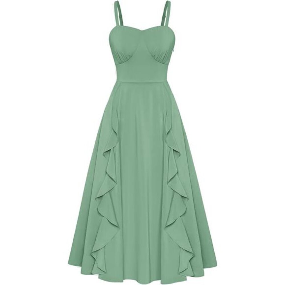 Women's Sun Dress Boho Midi Dress Casual Spaghetti Ruffle Dress